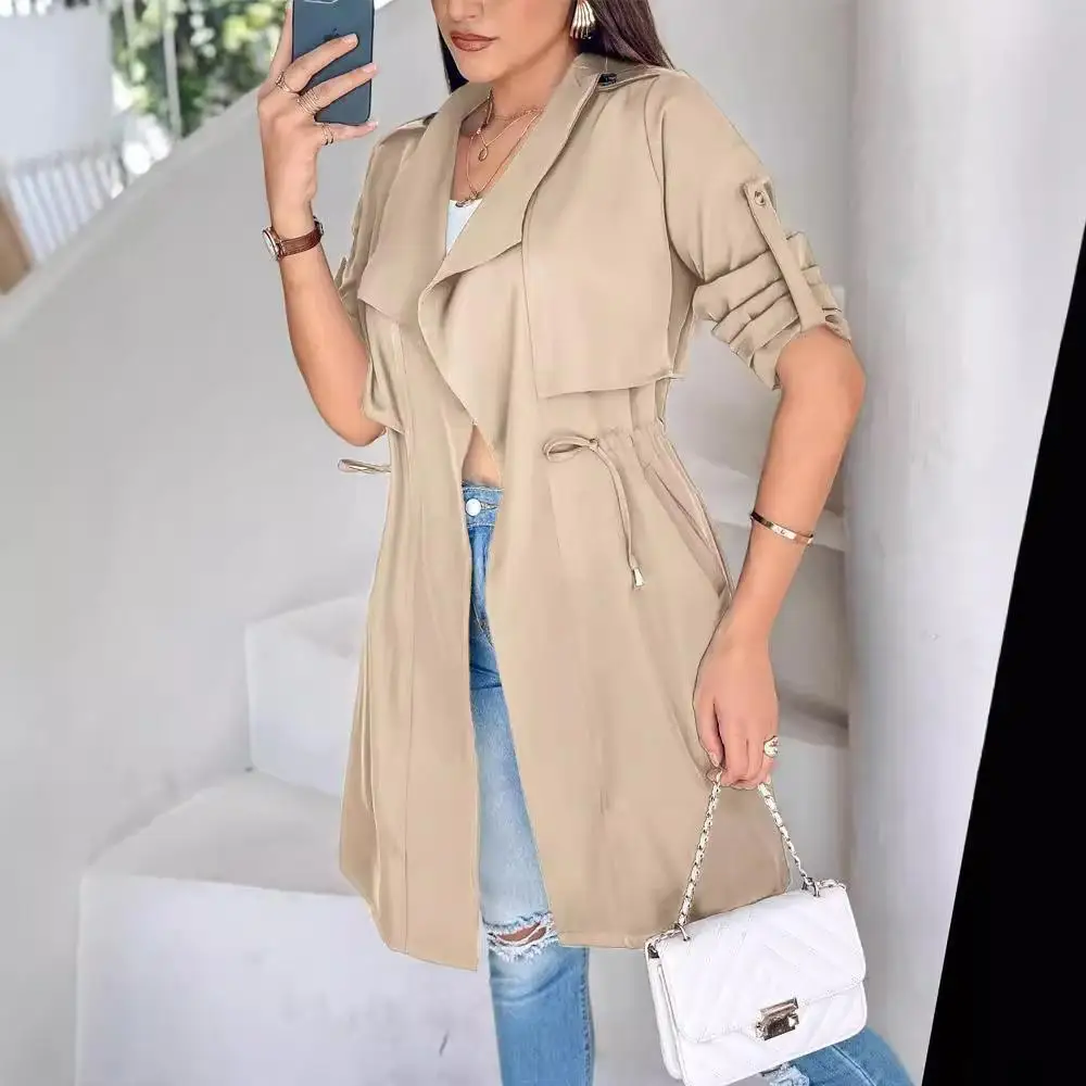 

Faionable Loose Pure Color Sve Roll up Осенне-зимнее женское пальто средней длины Верхняя одежда Ele Trans-seasonal Sle