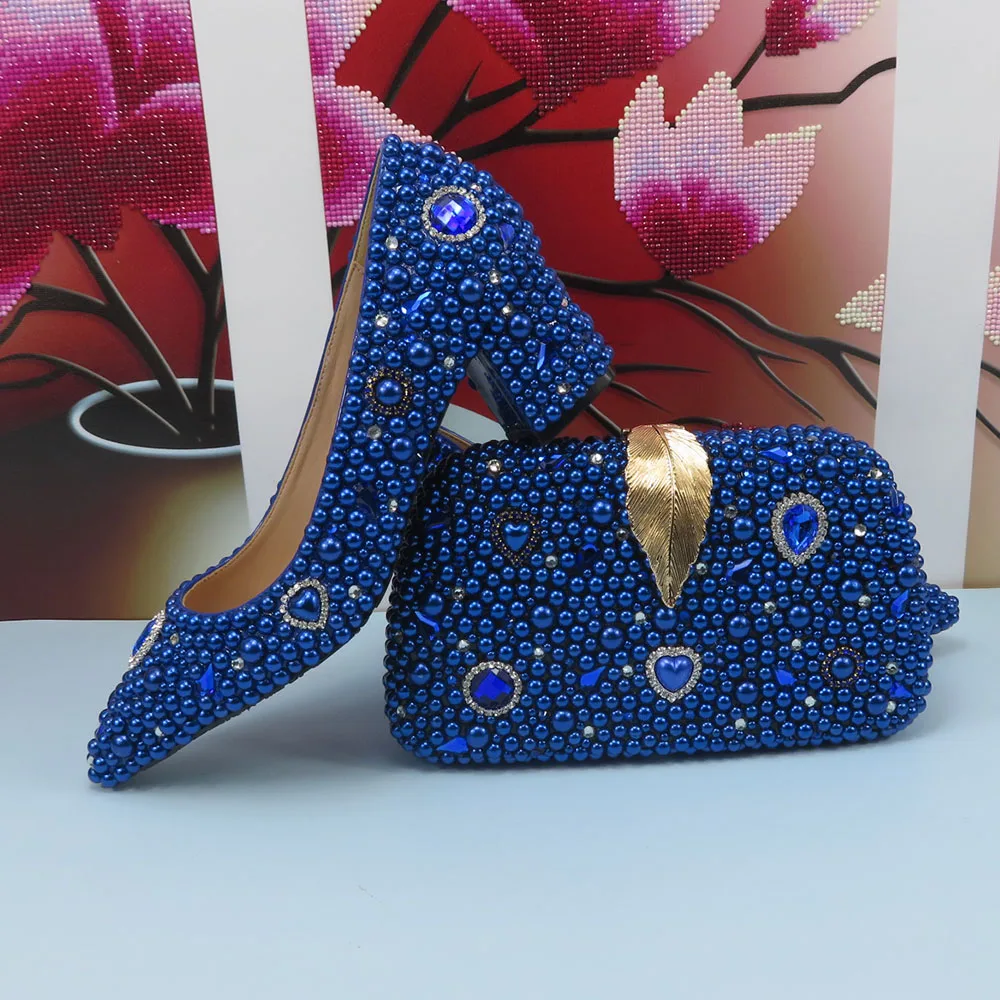 Fashion Royal Blue Pearl Pointed Toe Wedding Shoes bag Set Woman High Pumps Thick Heel Party Shoes Matching Evening Bag Shallow