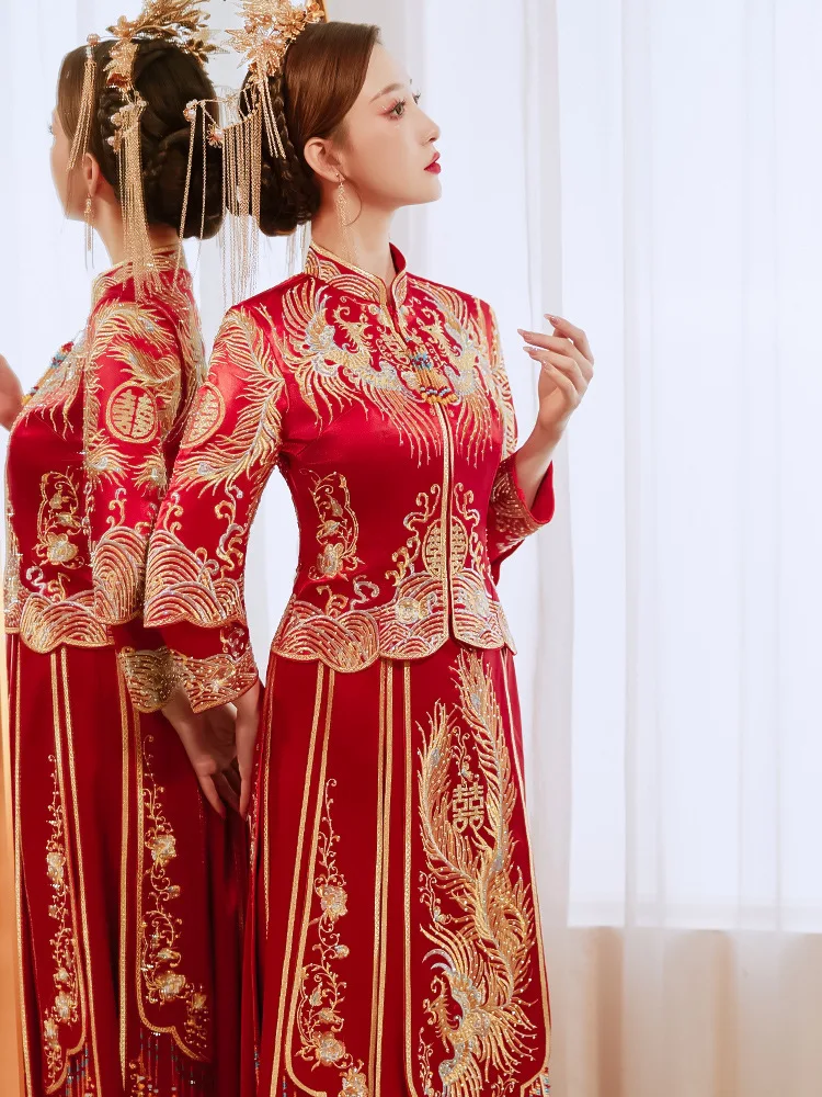 فستان زفاف على الطراز الصيني للنساء ، بدلة XiuHe حمراء ذهبية رائعة ، أكمام طويلة ، شيونغسام العروس ، الطراز الصيني التقليدي ، تزيين ماسي #4