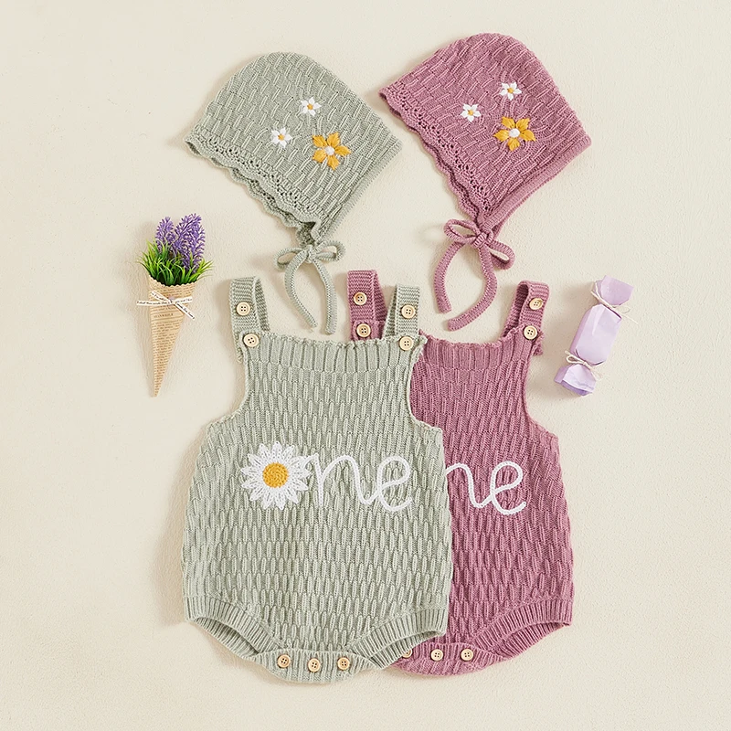 

6-18M Baby Sweaters Romper Overalls 1st Birthday Letter Flower Embroidered Sleeveless Ribbed Knitted Jumpsuits with Hat Outfits