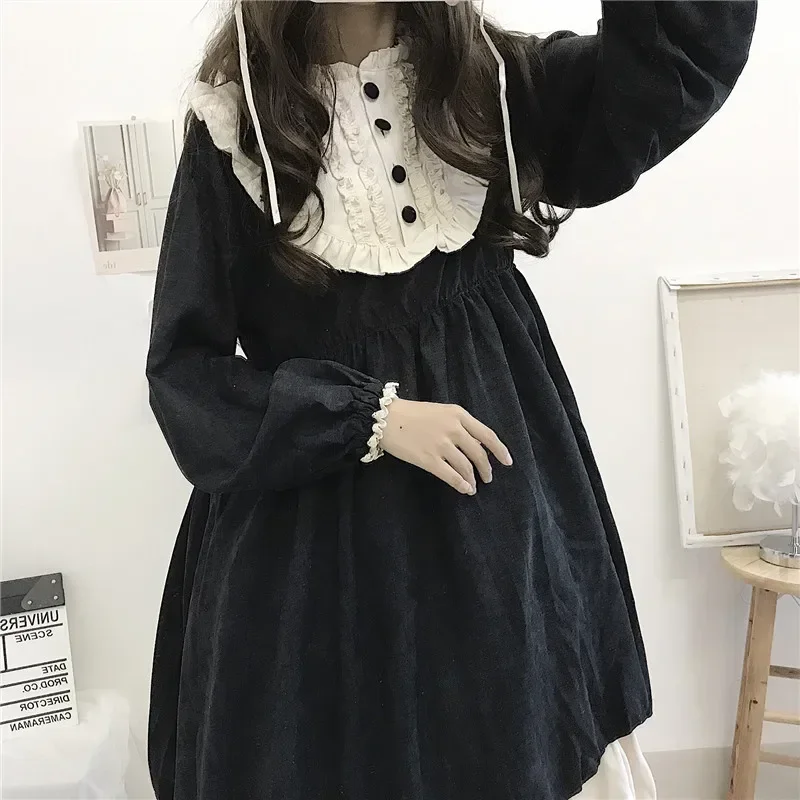 Japanse Stijl Herfst Dames Jurken Hoge Taille Afslankende Contrast Kleur Gegolfde Zoete Lolita Jurk Prinses Kawaii Kleding