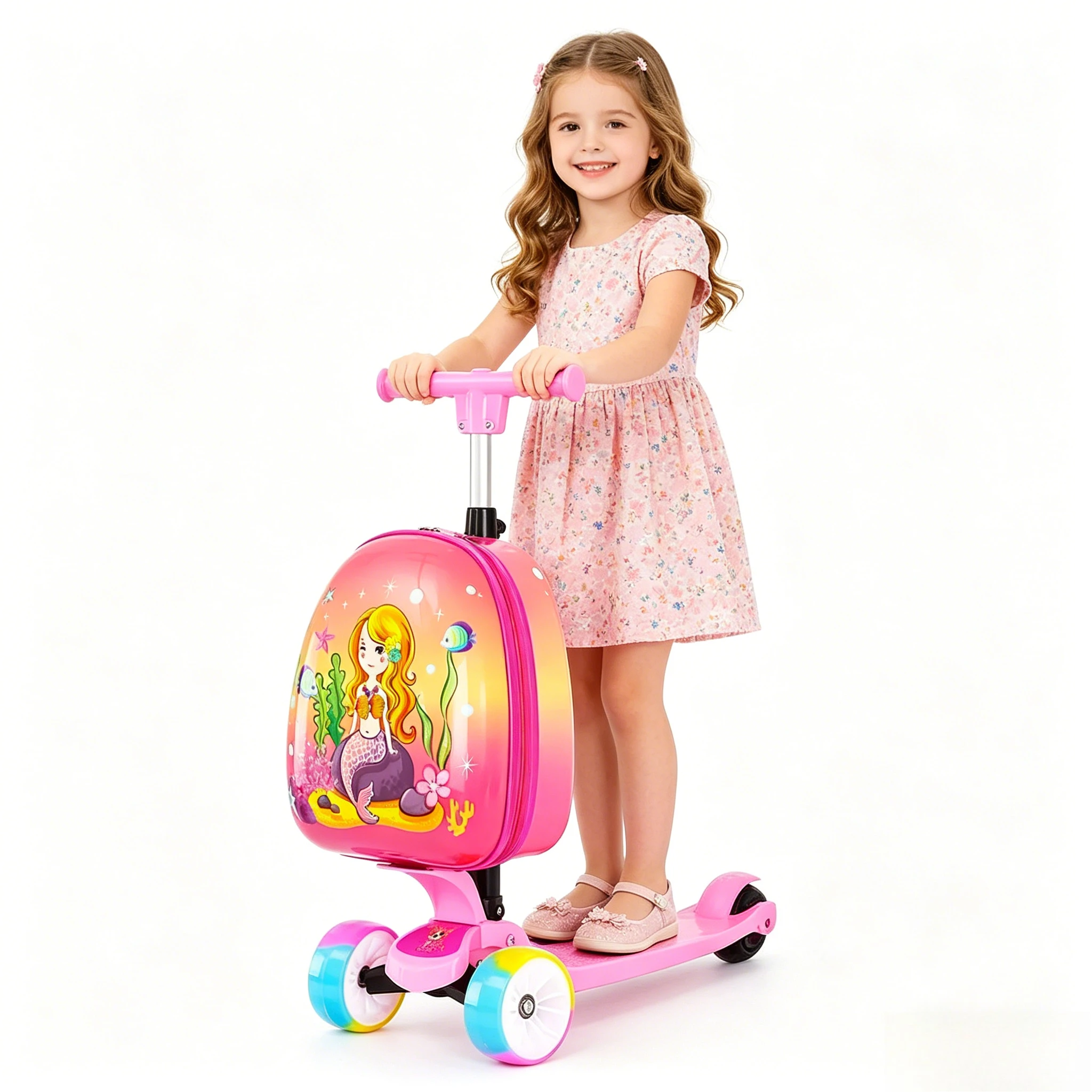 2 in 1 Kids Scooter Trolley Case Hardshell Ride on Luggage Unicorn Carry-on Luggage & Scooter with Brake Foldable Suitcase Girls