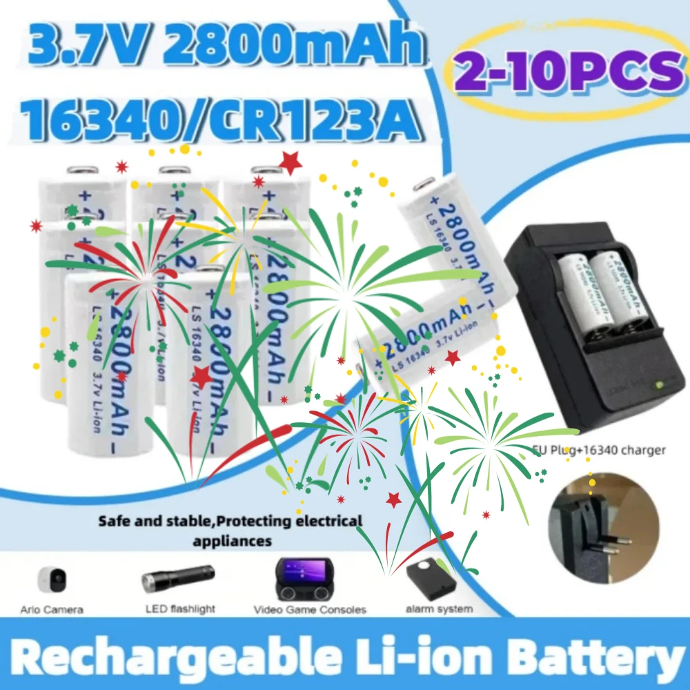 

New 3.7V 2800mAh Lithium Li-ion 16340 Battery CR123A Rechargeable Batteries 3.7V CR123 for Laser Pen LED Flashlight Cell+Charger