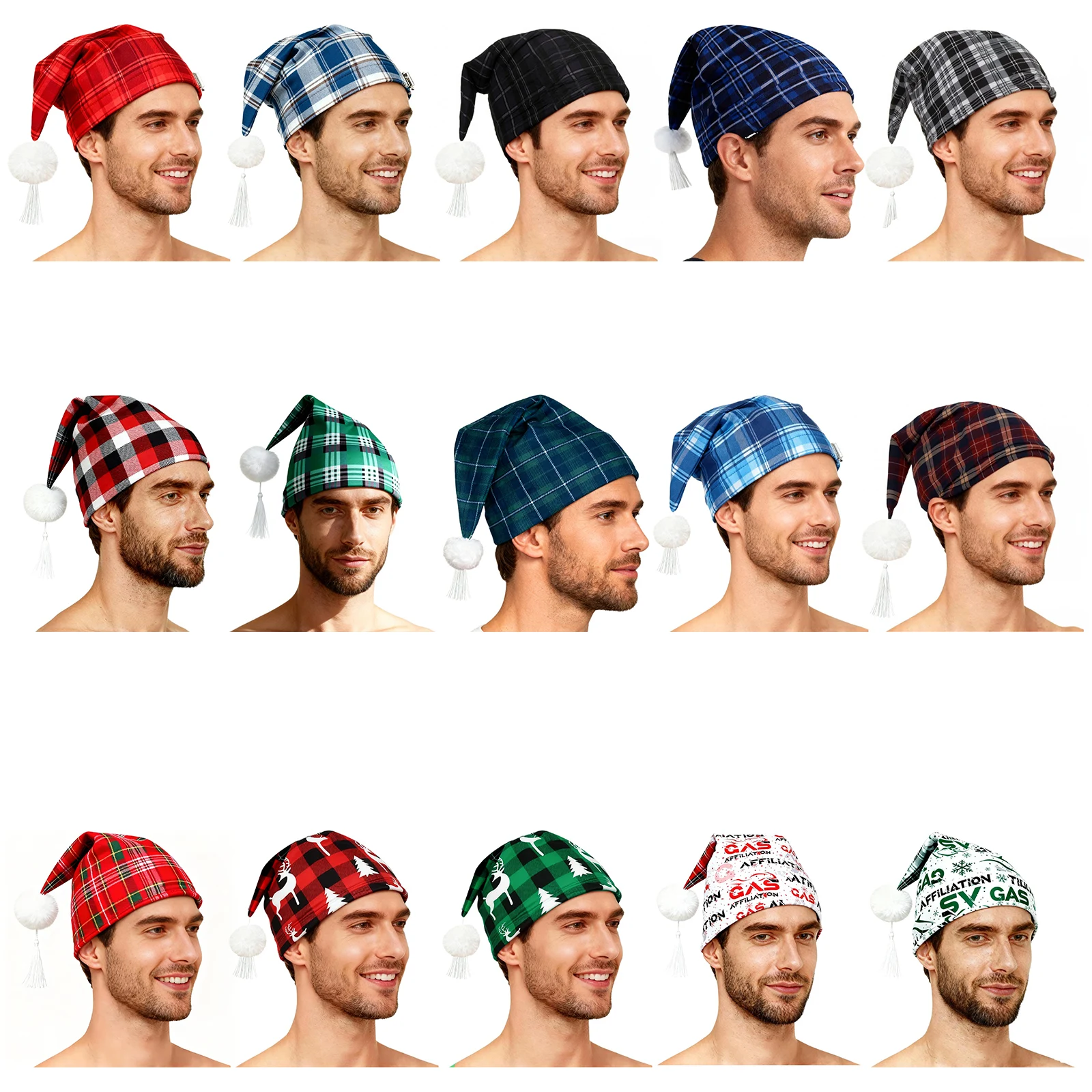 Men Adjustable Plaid Sleeping Night Stocking Cap Hat with Pom Ball And Tassel for Christmas Daily Nightwear Sleepwear