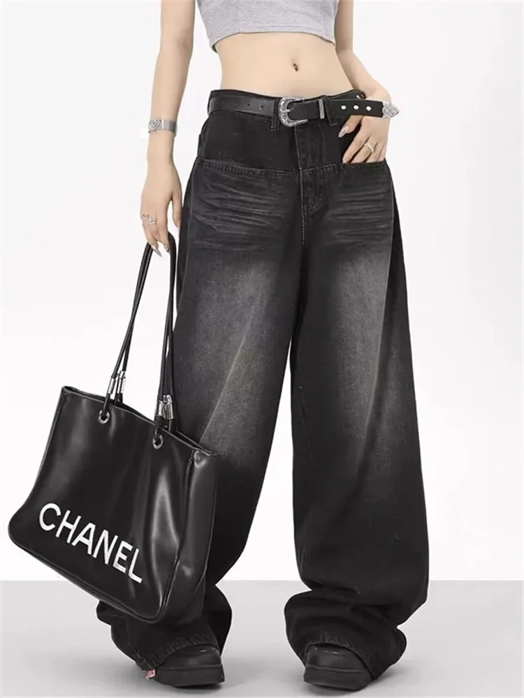 Oversized Retro Black Jeans Wide Leg Pants For Women Chic Y2K Low Waist Baggy Jeans Trouser Mens Barrel Jeans Streetwear