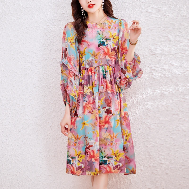 

Women Fashion Floral Silk Casual Beach Long Dress Spring Chic Ruffled Long Sleeve Dress 2024 Korean Elegant Luxury Evening Dress