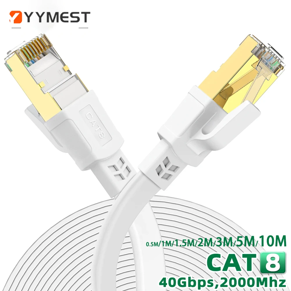 White Cat8 Ethernet Cable Flat Lan Cable High Speed RJ45 40Gbps For Home Networking Router Modem Computer,PC,Ps4, TV ,Laptops