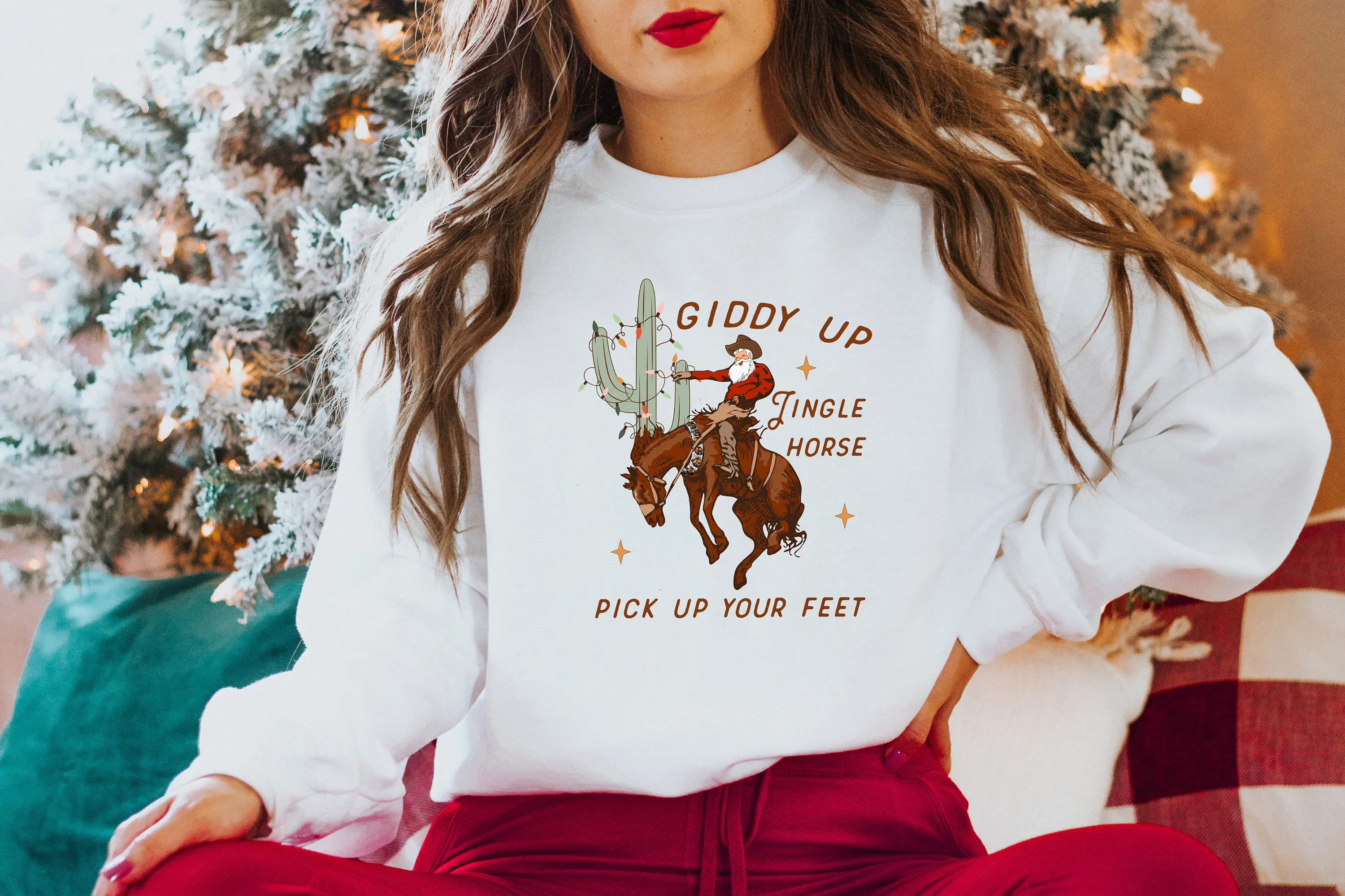 

Giddy Up Jingle Horse Pick Up Your Feet Slogan Christmas Women Sweatshirt Cute Cotton Christmas Cowboy Horse Female Sweater