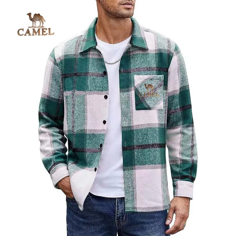 

Camel Spring and Autumn Foreign Trade Men's Woolen Checkered Long sleeved Shirt Men's Casual Color blocked Cardigan Shirt Coat