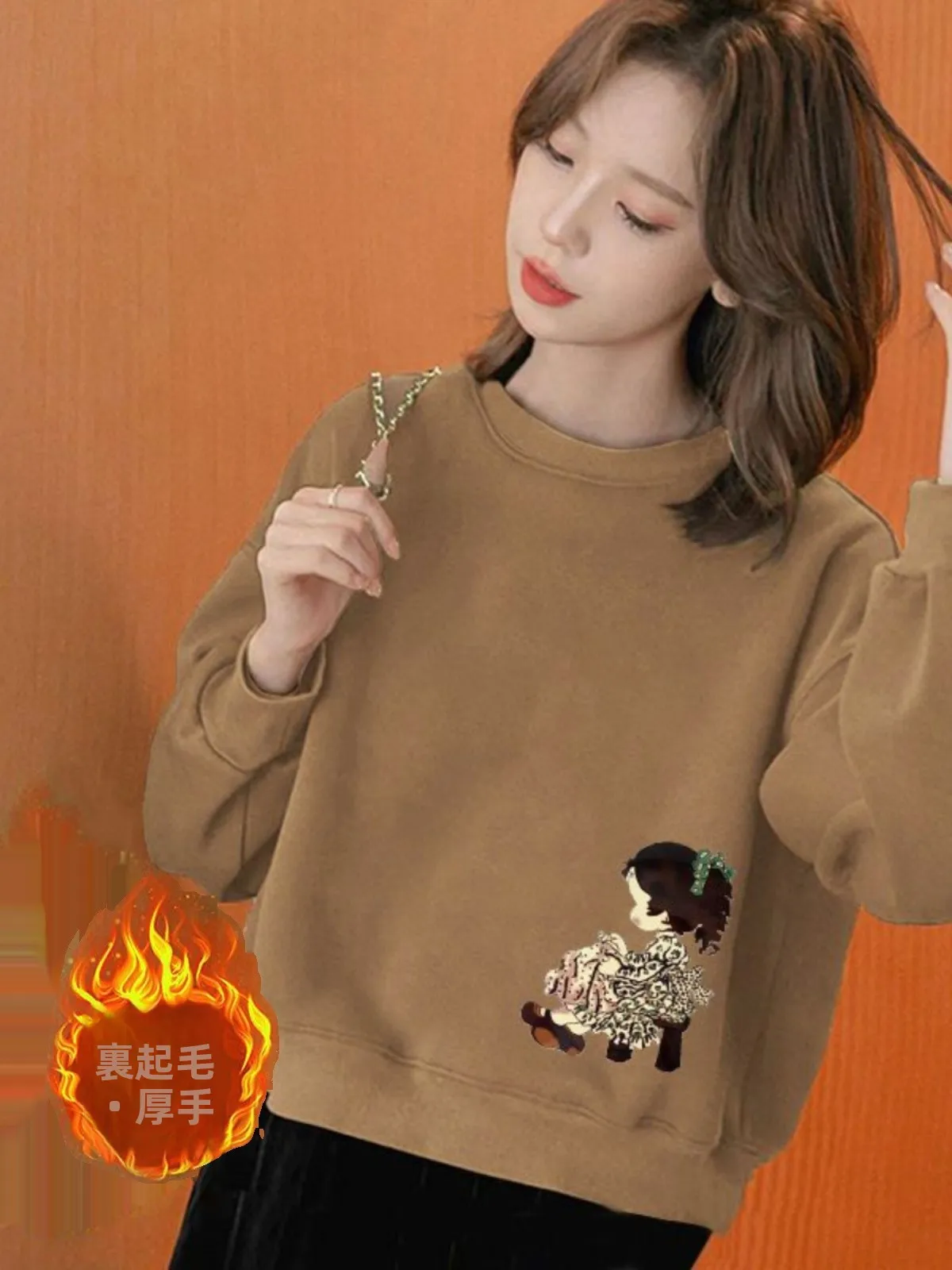 女性のフリース裏地付きショートスウェットシャツルーズ冬ファッションツーピースセット韓国スタイル痩身ショートトップ小柄な人向け