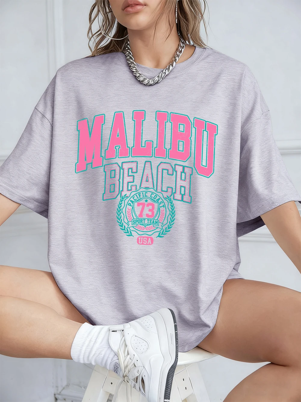 Malibu Beach Printing T-Shirts Womens Summer Cotton Short Sleeve T Shirt O-Neck Comfortable Loose Tops Casual Womans Clothes
