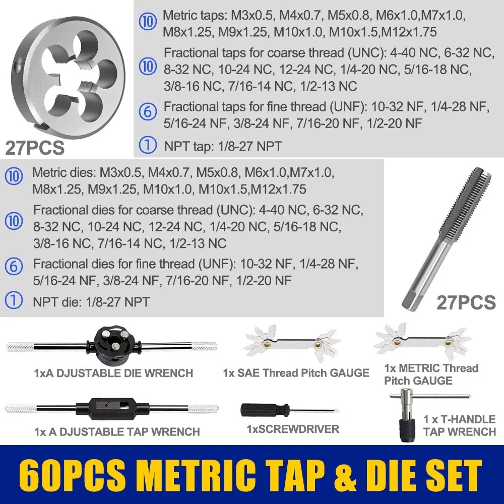 탭 및 다이 세트 베어링 스틸, 굵고 가는 나사산용 수공구, 미터법 및 인치 크기, 60 개