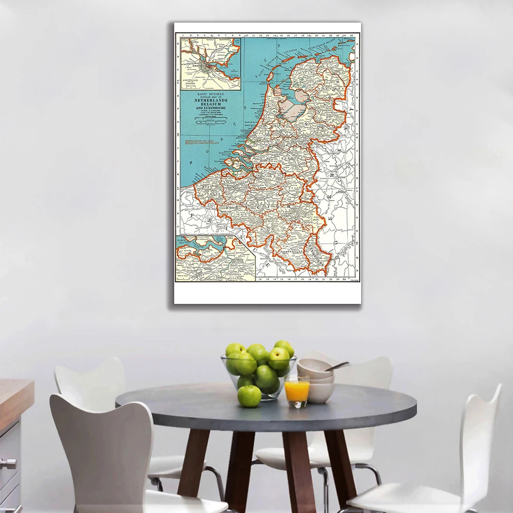 Retro Wall Art Poster, Pintura Canvas, Home Decor, material escolar, A Bélgica e Países Baixos, Mapa de 1936, 100x150cm