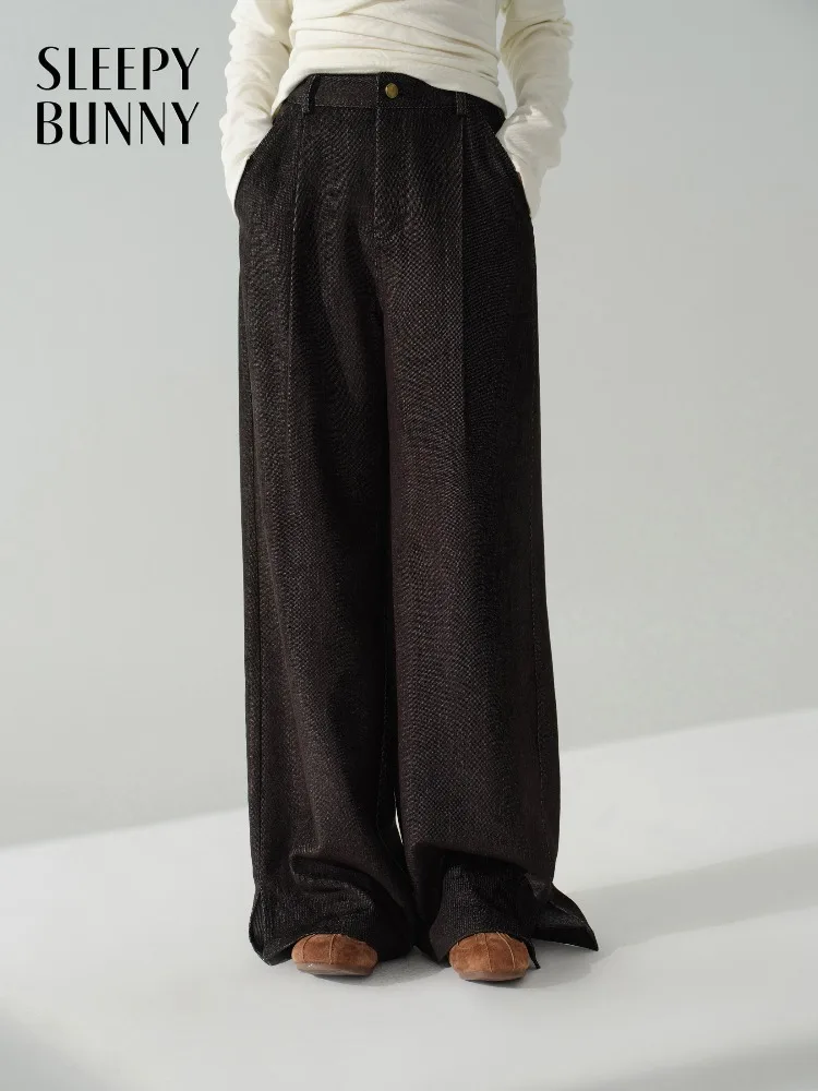 

Vintage High Waist Black Wide Leg Pants for Women Elegant Split Hem Long Trousers Loose Straight Casual Winter Workwear Bottoms