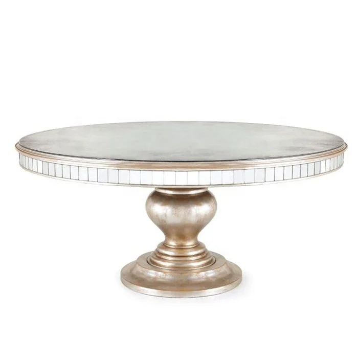 

/Horchow Traditional High Quality Luxury Antique Aged Gold Large Wooden Round Mirrored Dining Table Designs