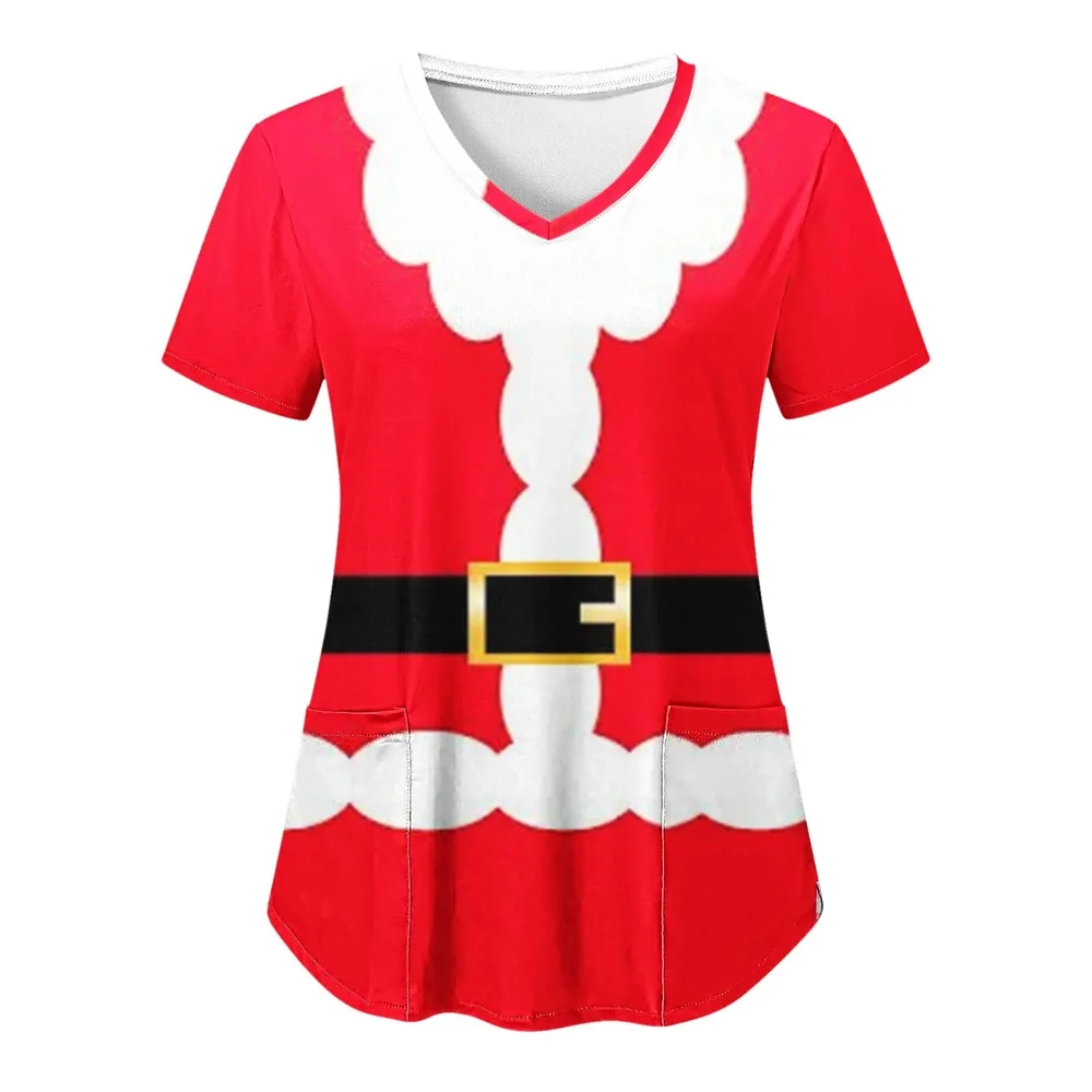Women Christmas Nursing Scrubs Tops Working Uniform Blouse Short Sleeve V-neck tee Blusas Nursing Clothes Nurses Tunic Uniform