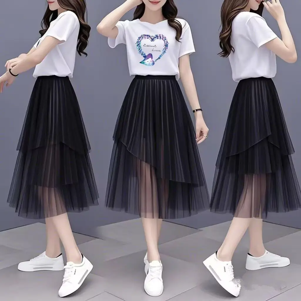2025 New Women's High Waist Midi Skirt Set - Iridescent Flowy Chiffon Layered Skirt with Slimming Effect
