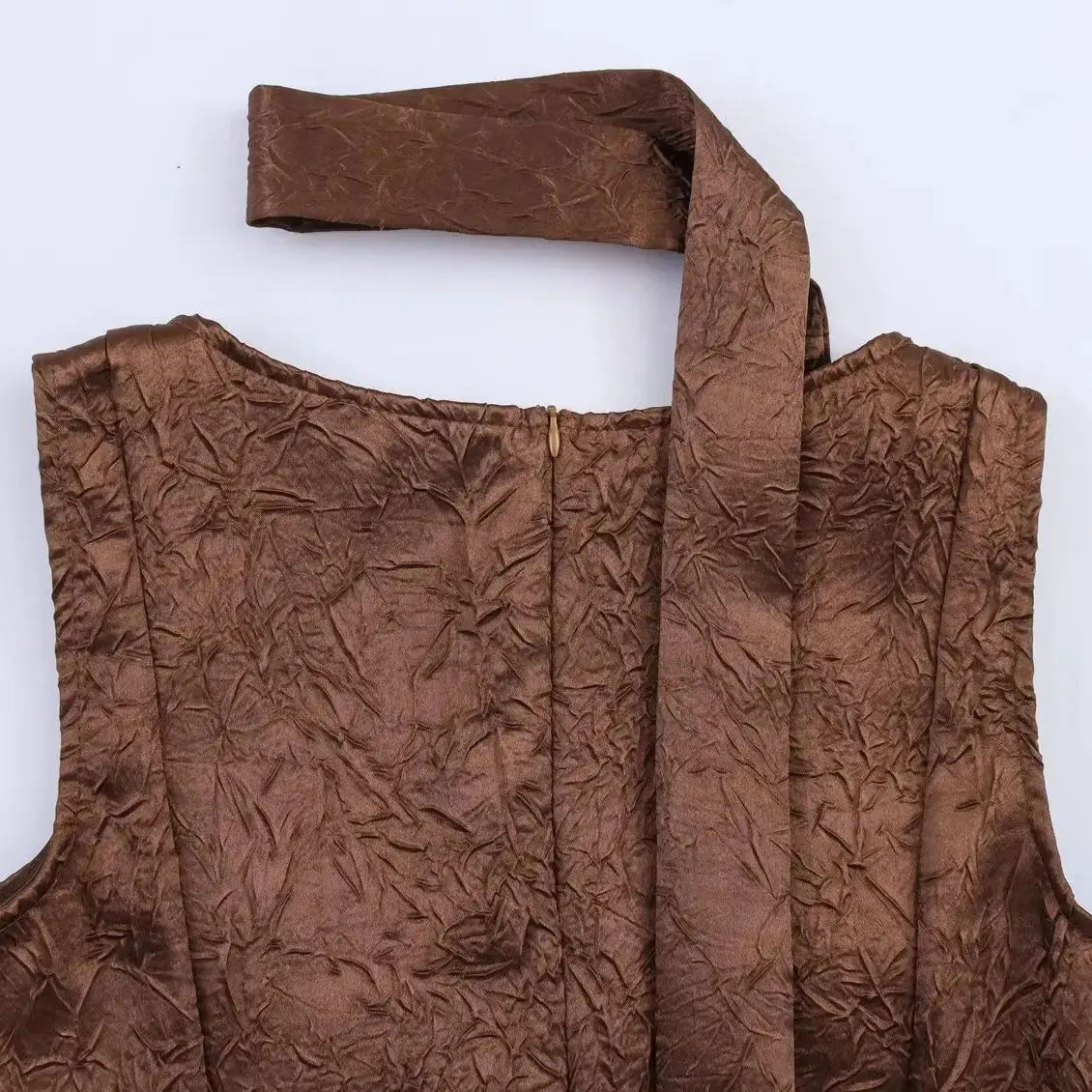 2025 vintage café rugas cetim vestido sem mangas com fita cachecol feminino gola quadrada cintura fina balanço longo vestidos de tanque robe