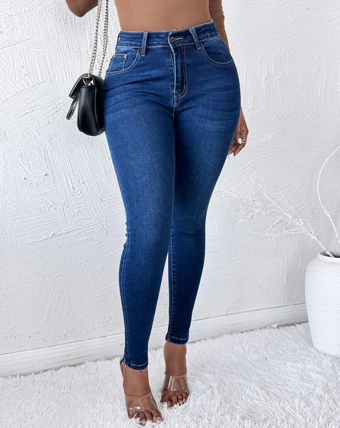 Calça feminina versátil, jeans, design de bolso, legging magro, calça de cintura alta, última moda, outono, inverno, 2022