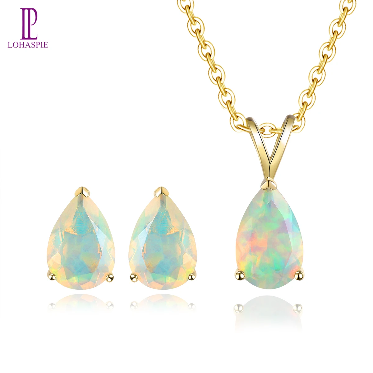 Lohaspie Natural Multicolor Opal 14K Real Yellow Gold Jewelry Set 1.3 Carats Genuine Gemstone Women Classic Style Top Quality