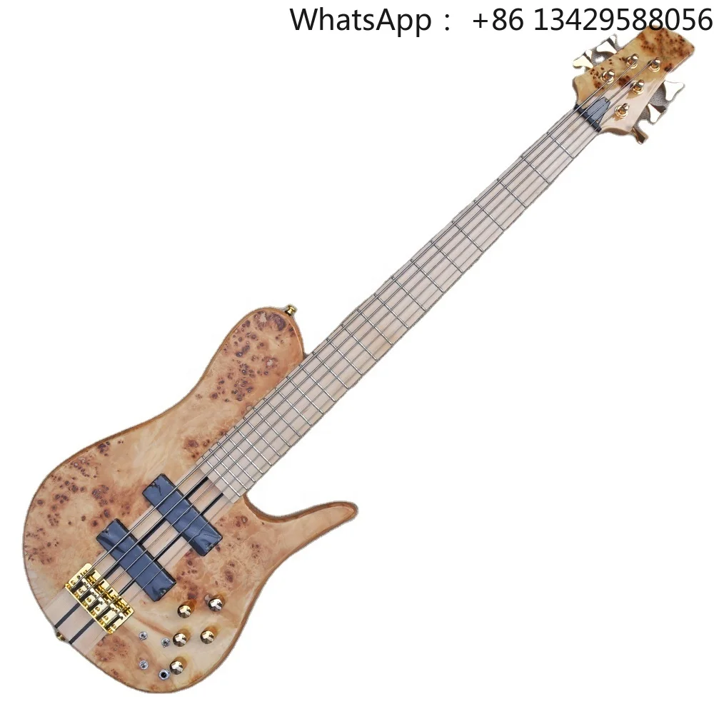 Flyoung Natural Wood Color Bass 5 Strings Electric Bass Guitar Neck Through Body Bass Guitar