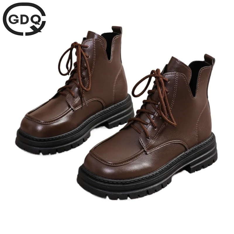 

GDQQ 2024 Brown New Women Ankle Boots Autumn Winter Platform Lace-up Women Punk Boots Thick Sole Combat Booties Female