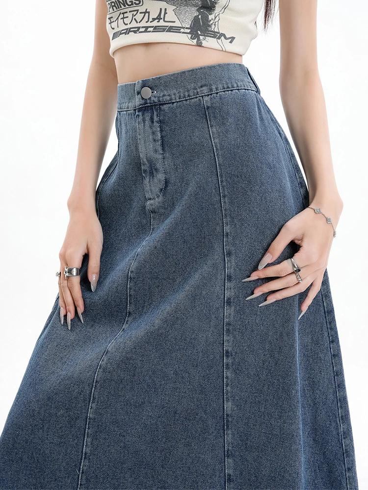 Long Denim Skirt Women 2024 Spring Summer New Arrivals High Elastic Waist A Line Jeans Skirts Korean Fashion Casual Blue Skirts