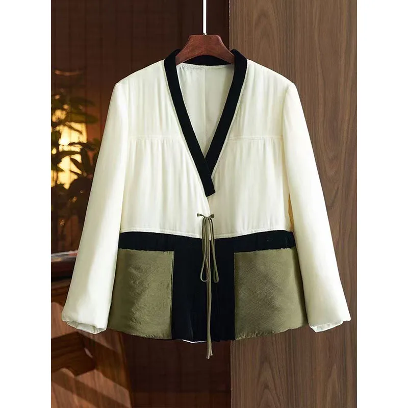 

Белая хлопковая куртка с v-образным вырезом, осень-зима, кардиган контрастного цвета с длинными рукавами, женская бархатная верхняя одежда