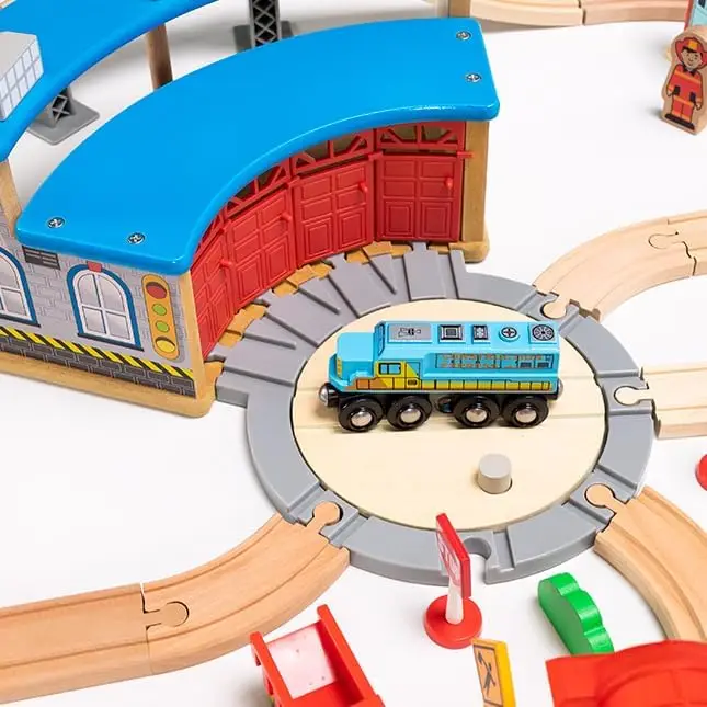 100pc Mountain Train Set - Wooden Magnetic Train with Roundhouse, 3+