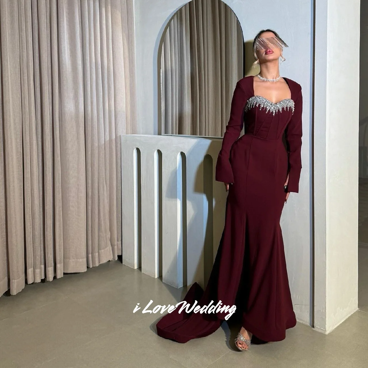 

Бордовые милые платья для выпускного вечера с длинным рукавом Русалка длиной до пола, вечернее платье из бисера, свадебные платья, плиссированные по индивидуальному заказу
