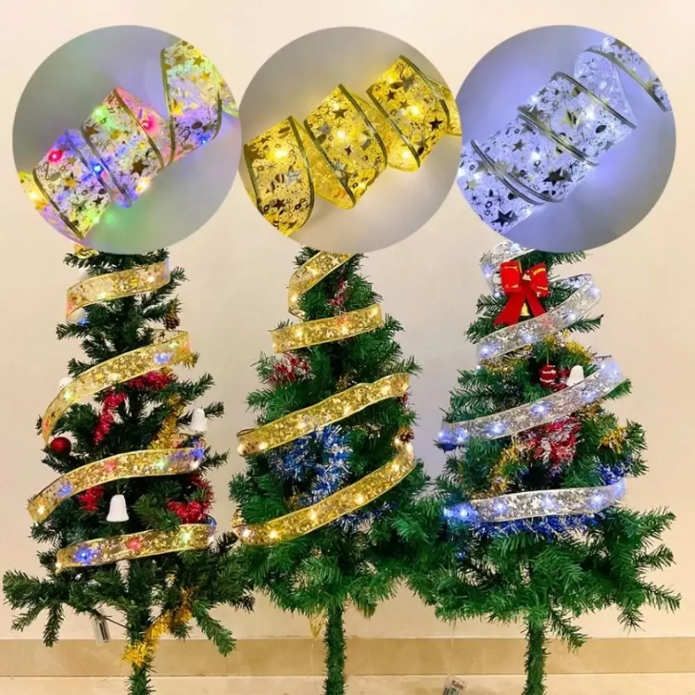 5/10M Christmas Ribbon String Light DIY 50/100LED Xmas LED Light Strip Battery-Powered Lace Bows Ribbon Lights Ornaments