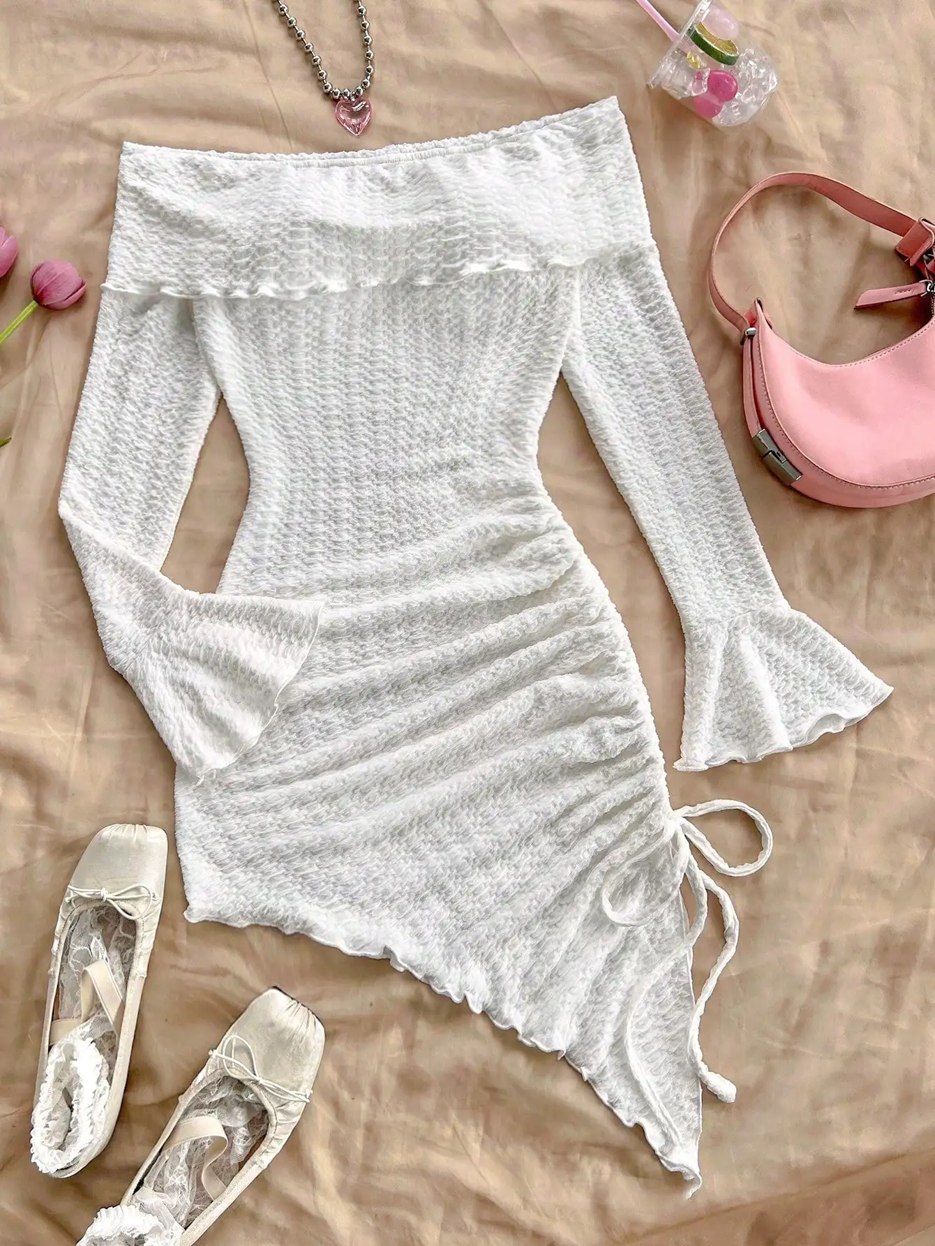 Spring and Summer Europe and the United States Style Pure Horn Long Sleeve Hollow Knit Smock Pleats Irregular Lazy Dress