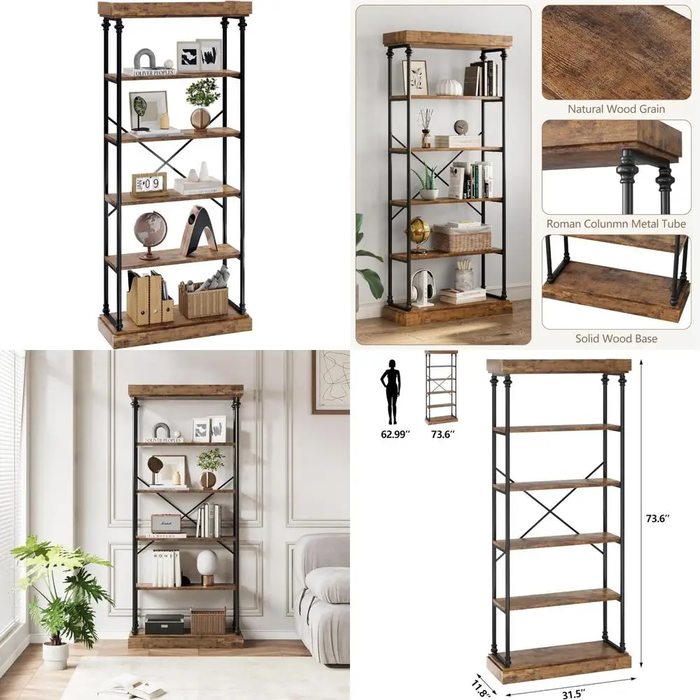 Industrial Style Tall Wood and Black Bookshelf - 6 Tier, 74 Farmhouse Open Shelves Storage Organizer