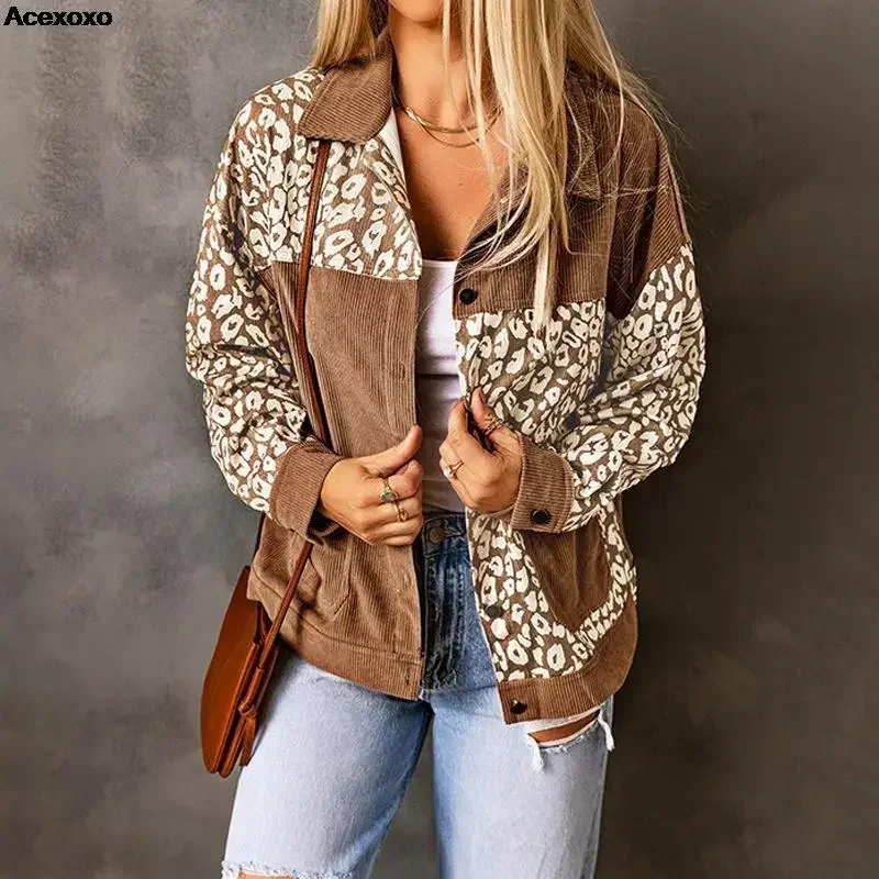 

Autumn and winter new women's fashion casual jacket leopard print splicing loose casual corduroy lapel coat