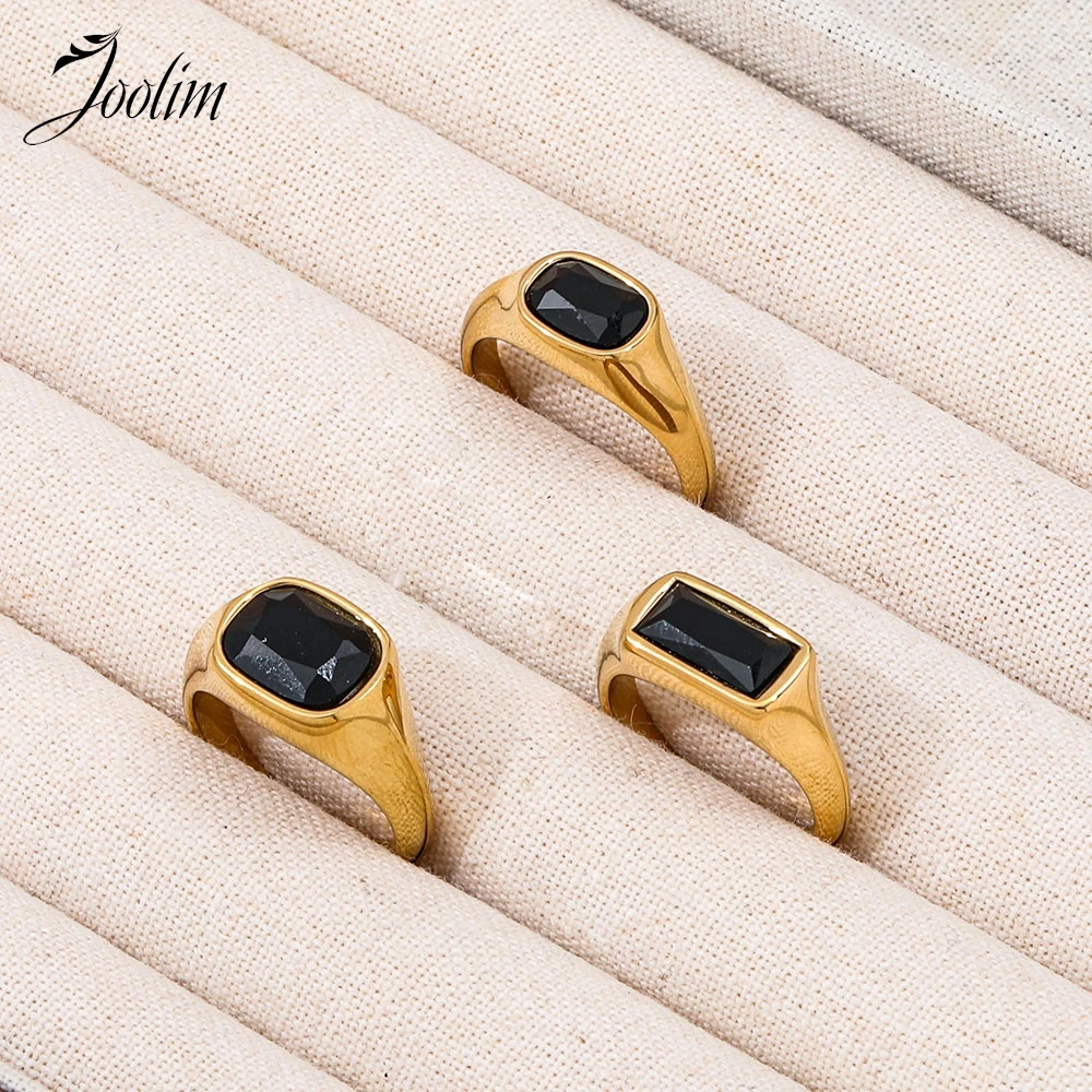 Joolim Jewelry Wholesale High End PVD Waterproof&Tarnish Free Fashion Black Zirconia Stamp Stainless Steel Ring For Women