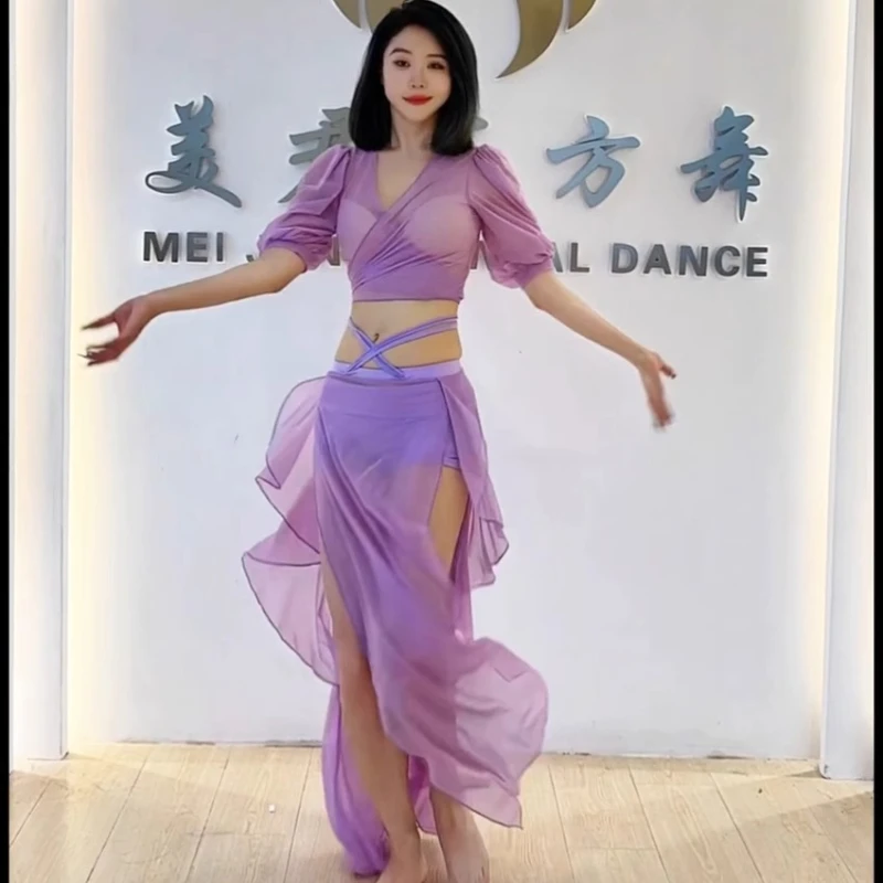 Belly Dance Professional Suit for Women Mesh Short Sleeves Top+sexy Split Long Skirt 2pcs Girl's Oriental Belly Dancing Suit