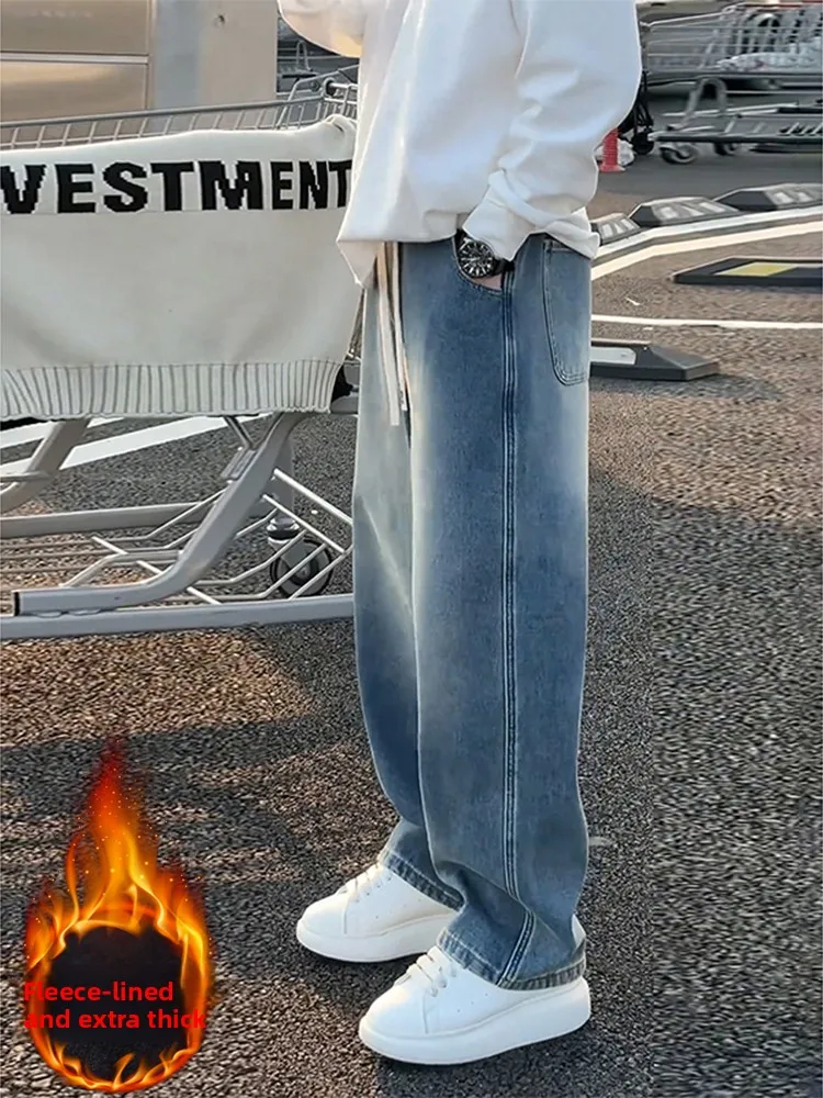 

Washed Faded Blue Fleece Lined Men's Jeans Elastic Waist Straight Leg Loose Fit Casual Trousers for Teens And Young Adults
