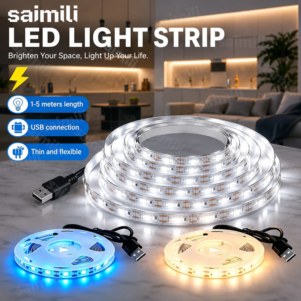 5V LED Light Strip USB Flexible Tape Lights Adhesive Tape Lamp Bar Kitchen Wardrobe TV Backlight Stair Display Cabinet Lighting