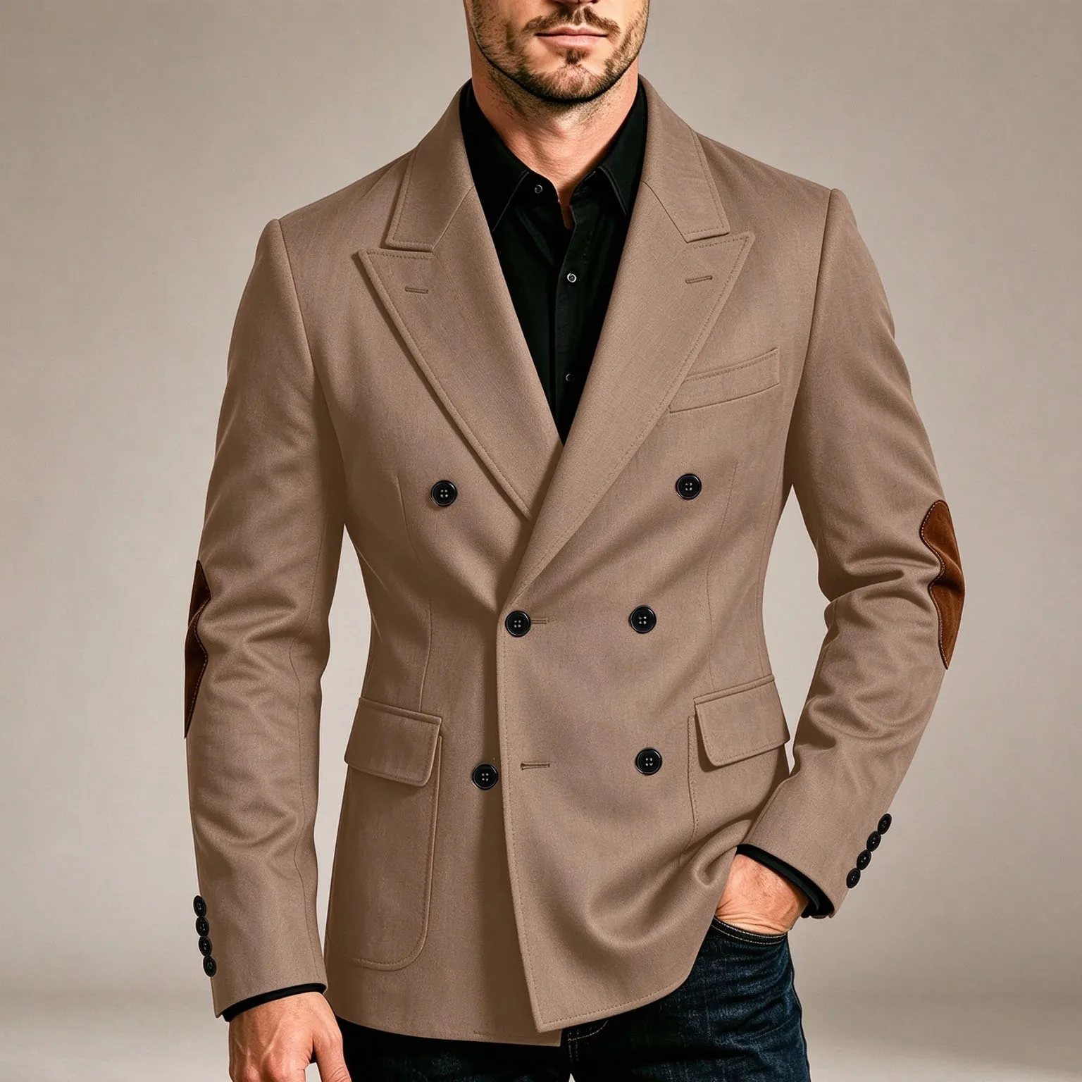Men's Double Breasted Blazer With Elbow Patches Slim Suit Jacket Business Wedding Smart Casual Formal Outerwear XS-7XL