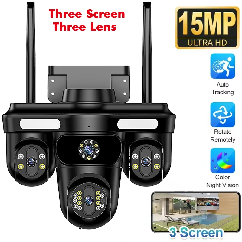 15MP Three Screens Ultra HD Wifi Surveillance Camera Smart Wireless Outdoor CCTV 360° PTZ 6K Security IP Camera IPC360 Home