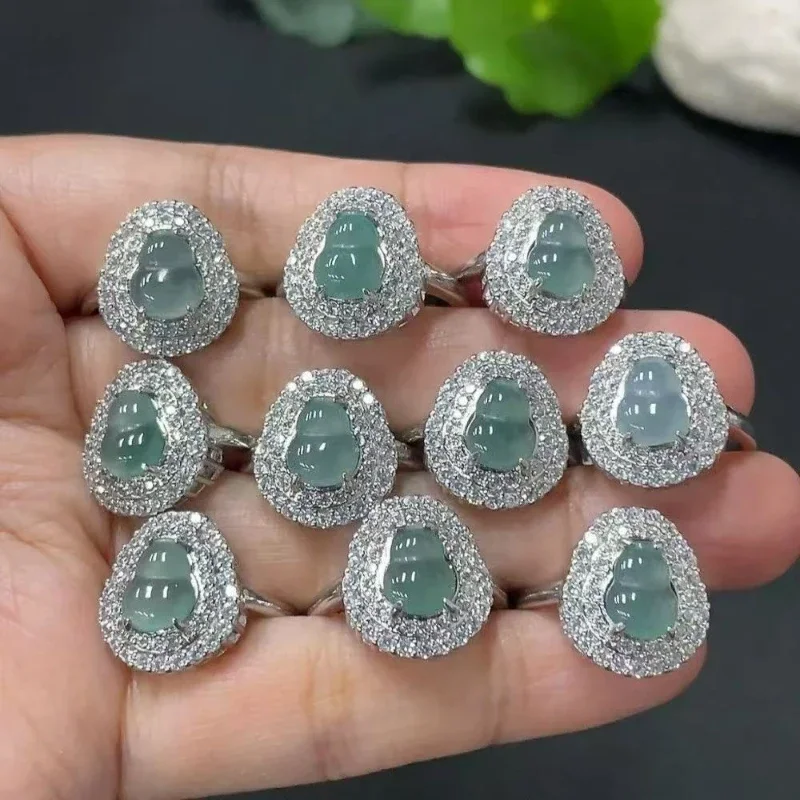 

Jia Le/ Natural Jadeite Inlay Blue Water Jade Ice Gourd Ring Adjustable Size Beautiful Jade Ring Party Holiday Ladies Gift