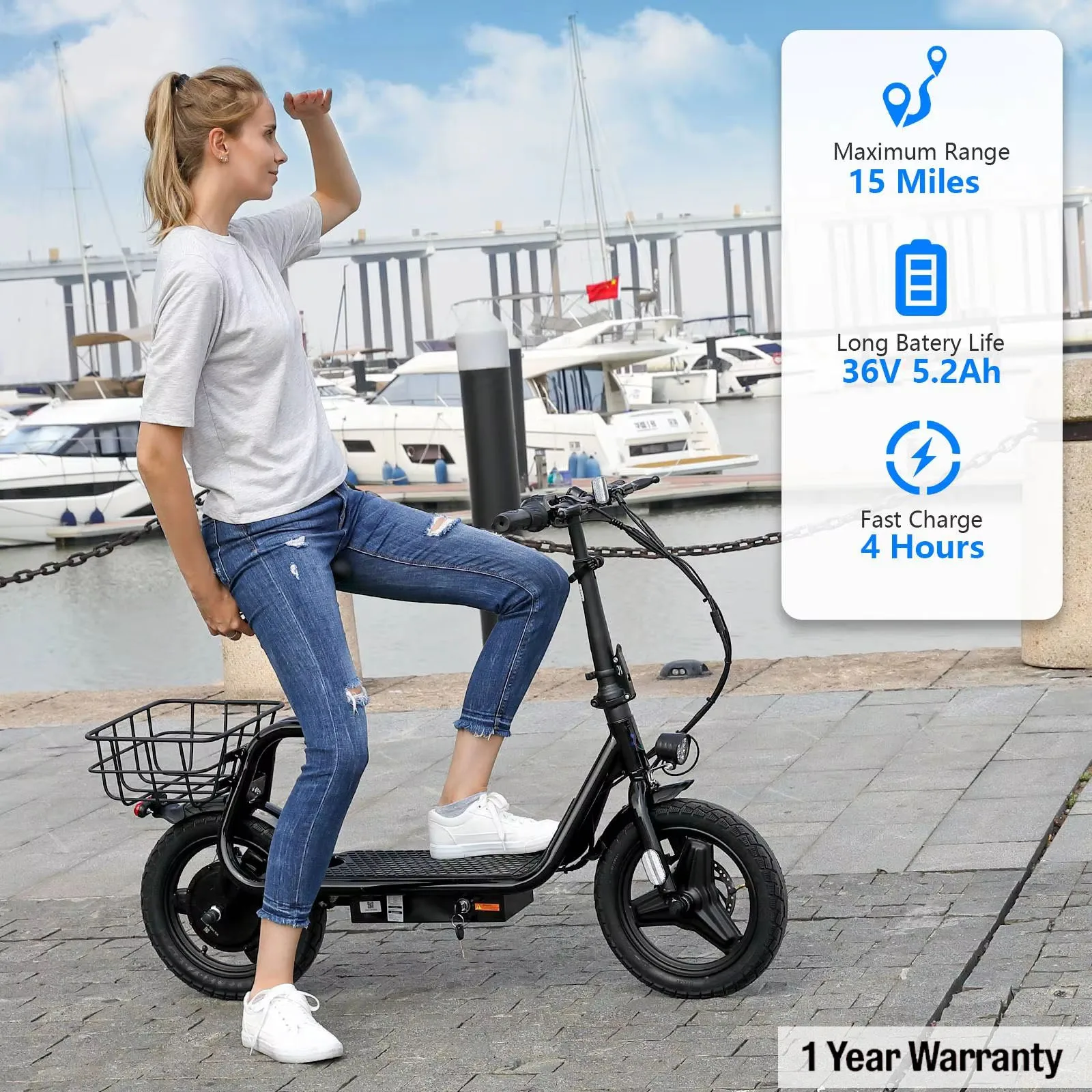 CAROMA Peak 819W سكوتر كهربائي محرك 500W مع مقعد إطار 14 بوصة، نطاق 25 ميلًا وسرعة 20 ميجا في الساعة القصوى، UL2272 ضمان لمدة سنة واحدة