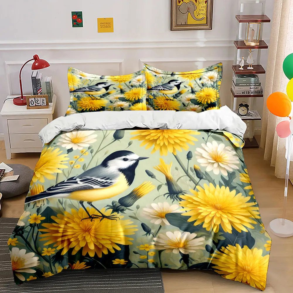Bright flowers and a small bird Pattern Duvet Cover Set Digital Print Colorful Polyester Bedding with Zipper Closur for gifts