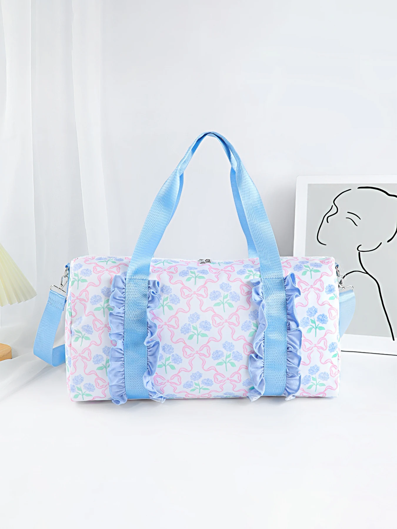 

Floral Bow Ruffle Travel Bag Weekender Overnight Carry-on Dance Bag For Girl Costume Clothes Shoes Dress Hand Crossbody Bag