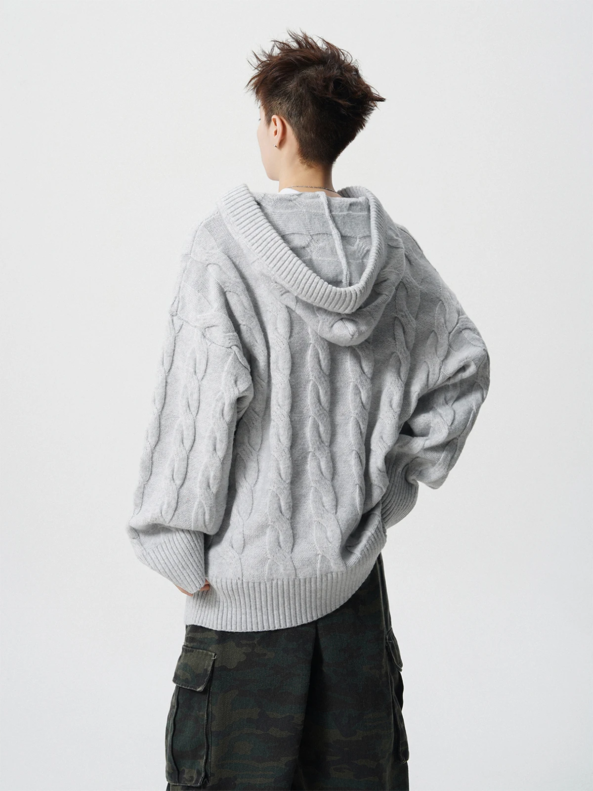 2025 Autumn Winter American Retro Wheat Pattern Black Knit Sweater Men's High Street Loose Casual Khaki Gray Hooded Sweater