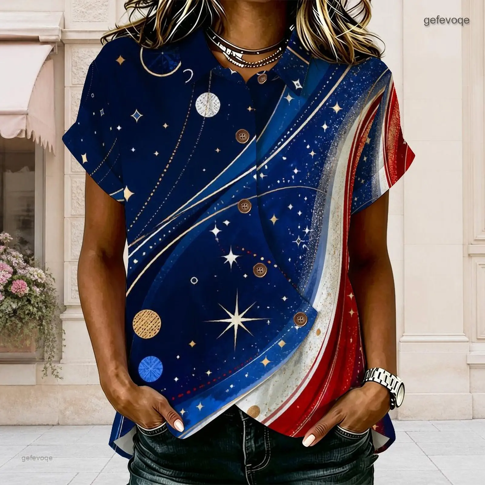 Printed Shirt for Women Collared Neck Short Sleeve Button Front Cross Hem