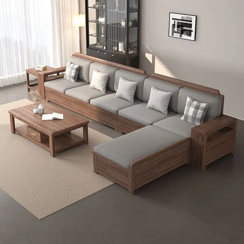 Sofakombination aus schwarzem Walnussholz, komplett aus Massivholz, moderne, einfache, hohe Aufbewahrungsbox, ästhetisches Wohnzimmermöbelset mit Song-Aufbewahrung