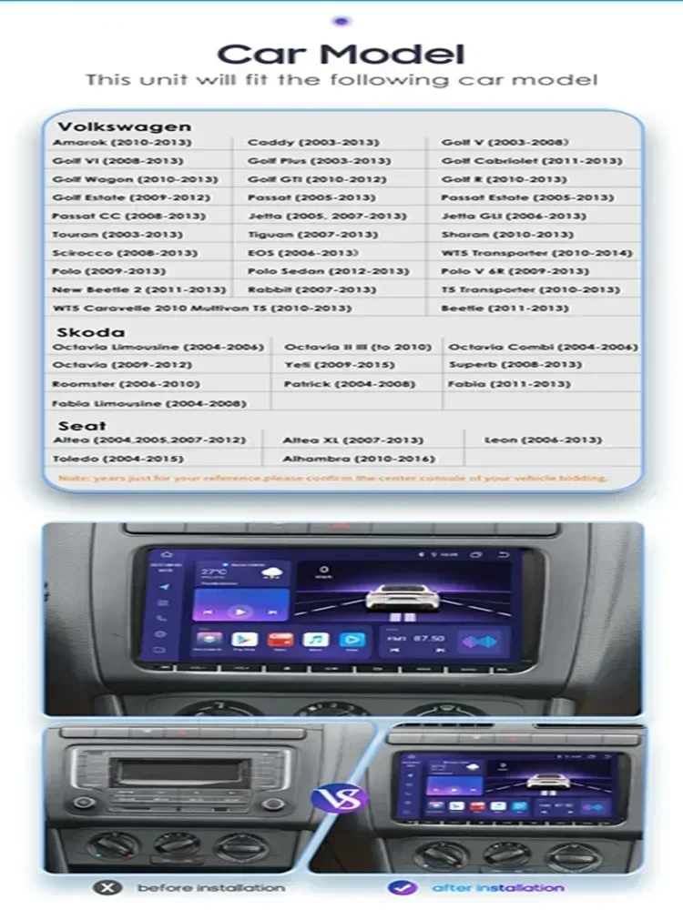 Hizpo Auto-Multimedia-Player 2din Android 14 Radio für VW Volkswagen Golf Polo Skoda Rapid Octavia Passat B6 7 Tiguan Carplay GPS