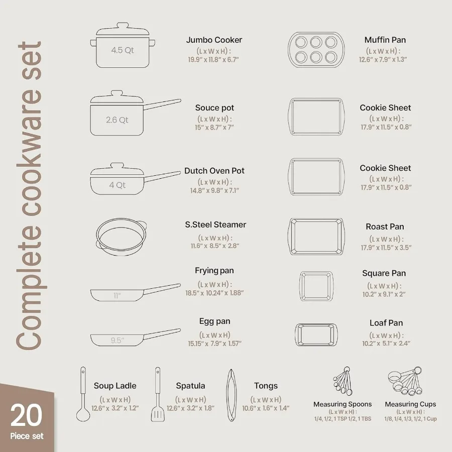 طقم أواني طهي المطبخ مكون من 20 قطعة - جرانيت غير لاصق - صديق للبيئة - لجميع المواقد وآمنة للفرن