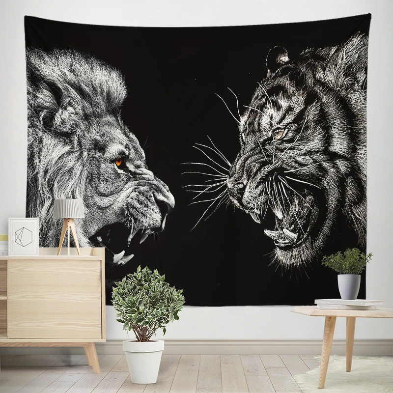 Home Decor Black Creative Lion Tiger Wildlife Print Tapestry Polyester Wall Hanging  Background Fabric tapiz